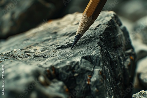 Pencil poised on rough textured stone, concept of creativity rooted in the basics.

