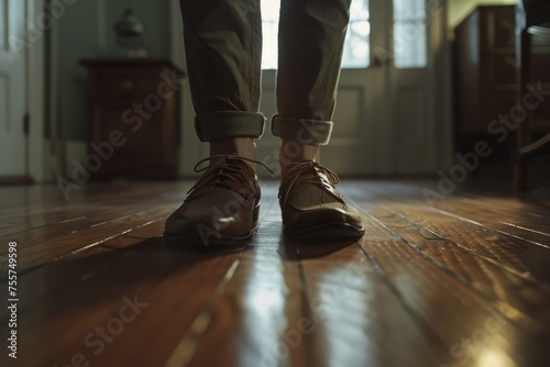 Warmly lit home scene focusing on a person s feet taking a step on a wooden floor  