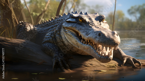 Close-up View of a Large Crocodile Basking in the Sun on a River Bank, with Dense Mangroves in the Background