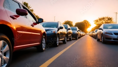 Car parked at outdoor parking lot. Used car for sale and rental service. Car insurance background. Automobile parking area. Car dealership and dealer agent concept. Automotive industry photo