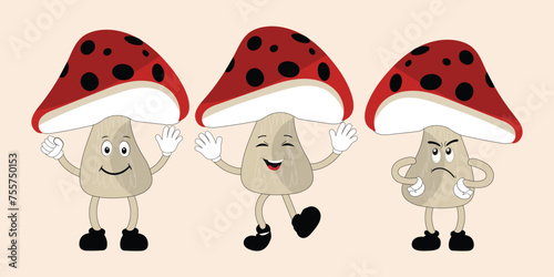 Mushroom character design different expression in vintage style, Kawaii mushroom cartoon mascot character vector illustration. Eps 10