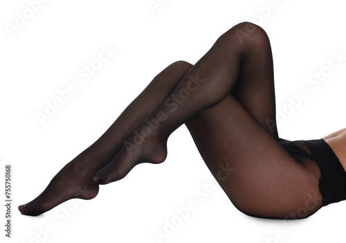 Woman with beautiful long legs wearing black tights on white background  closeup