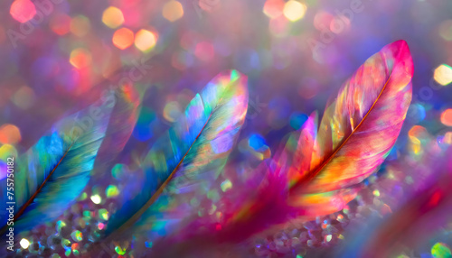 Dazzling Iridescent Feathers on Glitter Bokeh Lights Background