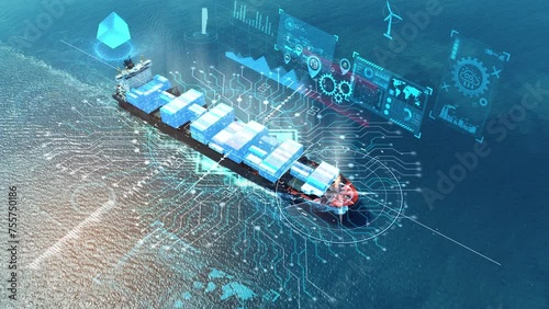 AI technology. Global Logistics international delivery concept, World map logistic and supply chain network distribution container Ship running for export import to customs cean concept isometric	
 photo