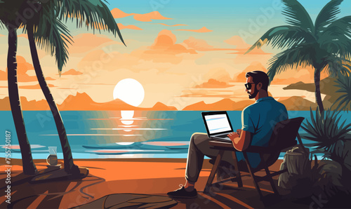Digital Nomad Lifestyle Working from Exotic Locations isolated vector style illustration