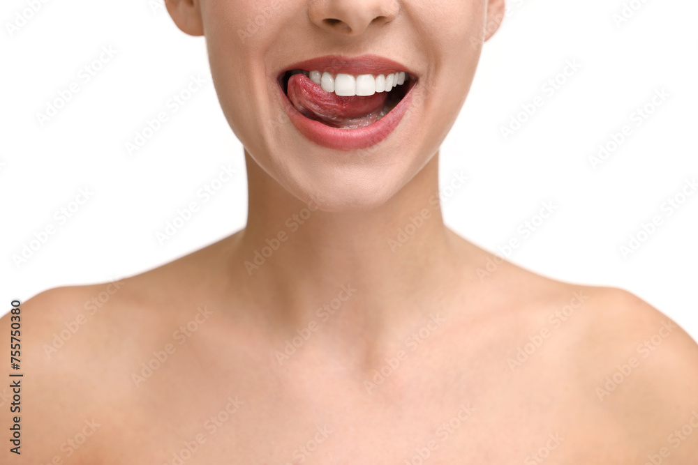 Woman with beautiful lips licking her teeth on white background, closeup Woman with beautiful lips licking her teeth on white background, closeup