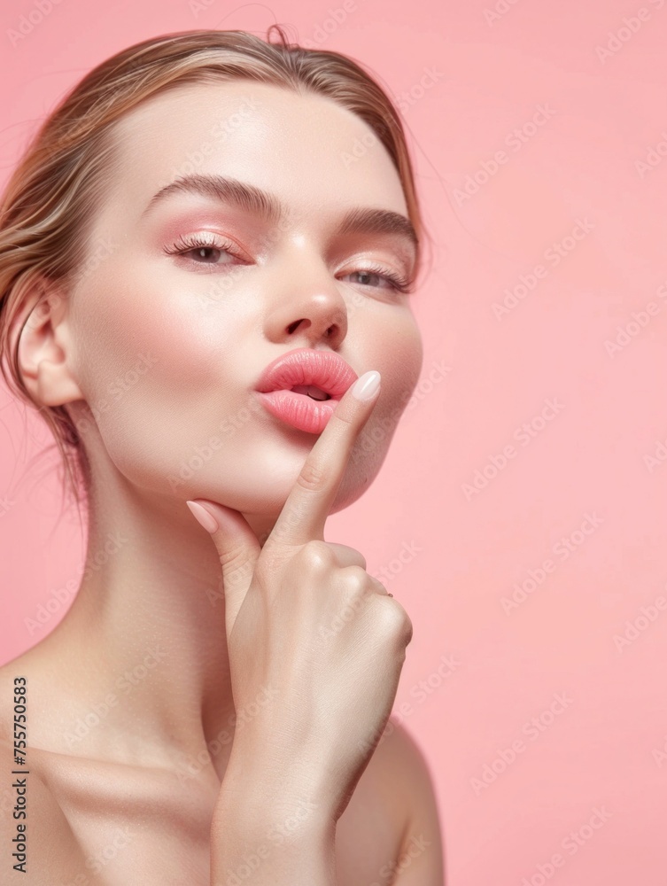 Elegant Beauty Gesture on Pink Background. Generative ai Elegant Beauty Gesture on Pink Background. Generative ai