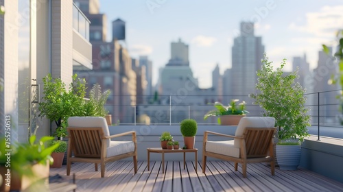 A balcony with two white chairs and potted plants