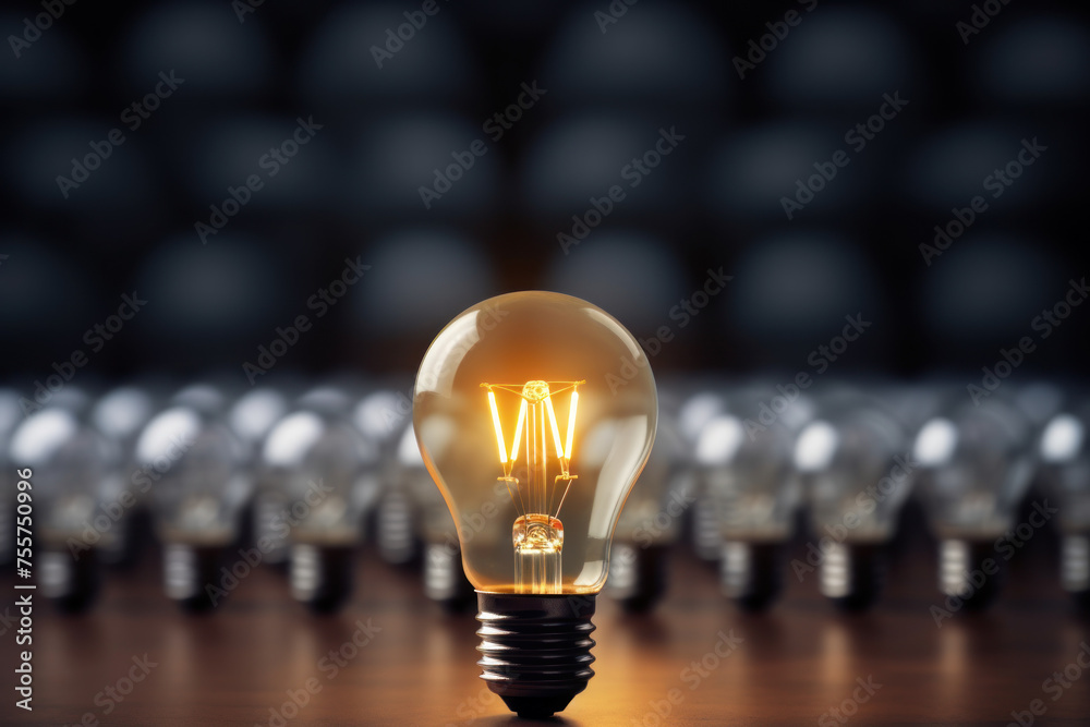 Concept of different and leader. Only one light bulb turn on standing ...