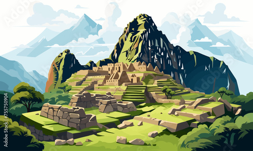 Machu Picchu Inca Ruins of Peru vector flat isolated illustration photo