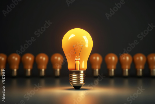 Concept of different and leader. Only one light bulb turn on standing out of the crowd. Generative ai. photo