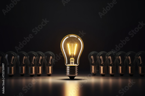 Concept of different and leader. Only one light bulb turn on standing out of the crowd. Generative ai. © tonktiti