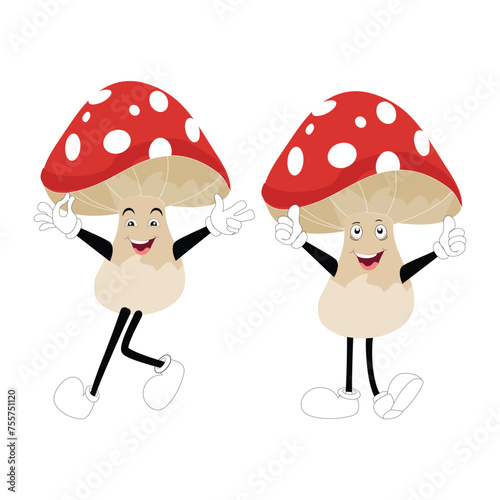 Mushroom character design different expression in vintage style, Kawaii mushroom cartoon mascot character vector illustration. Eps 10 photo