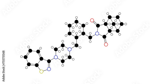 lurasidone molecule, structural chemical formula, ball-and-stick model, isolated image antipsychotic medication