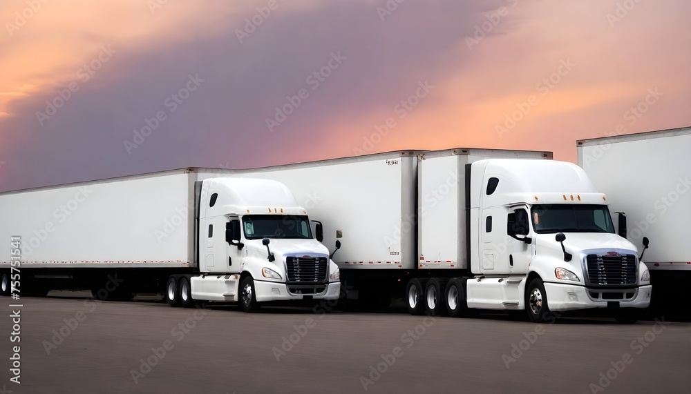 Fleet of trucks parked at parking lot yard of delivery company. Truck transport. Logistic industry. Freight transportation. Commercial truck for delivering goods from warehouse