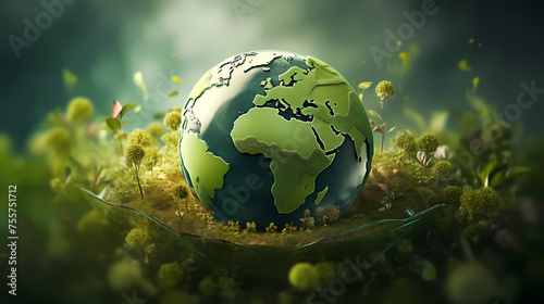 The green earth in the middle of the green forest represents nature, shows love for nature and protects the environment © ma