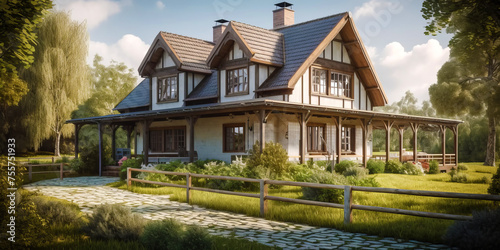 Traditional wooden country house with terrace.