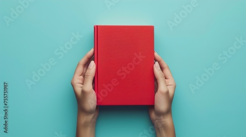Woman's Hands Holding Book with Blank Red Cover Over, GENERATIVE AI