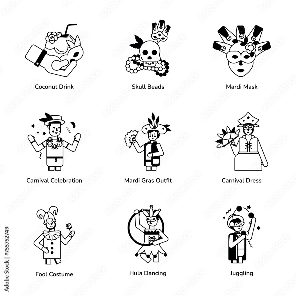 Bundle of Mardi Gras Costumes Glyph Icons 

