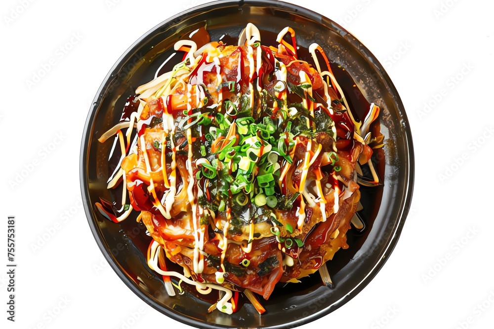 Okonomiyaki served on a plate isolated on a white background
Okonomiyaki served on a plate isolated on a white background