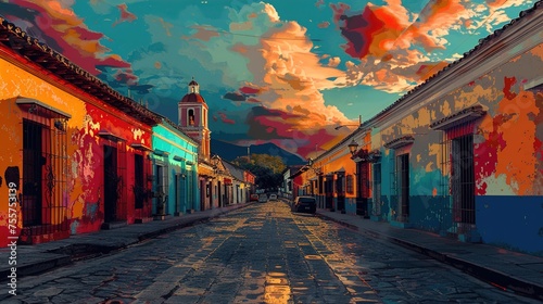 Colorful Main Street Cityscape of Antigua, GENERATIVE AI photo