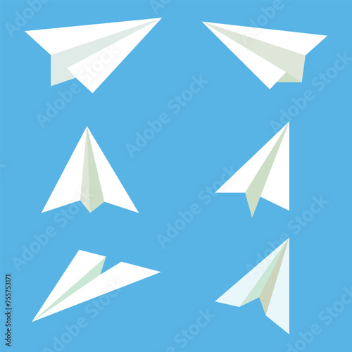 Paper plane vector set in flat style isolated from blue background. Origami plane collection. Handmade paper plane and child paper plane. Vector illustration. Eps file 145.