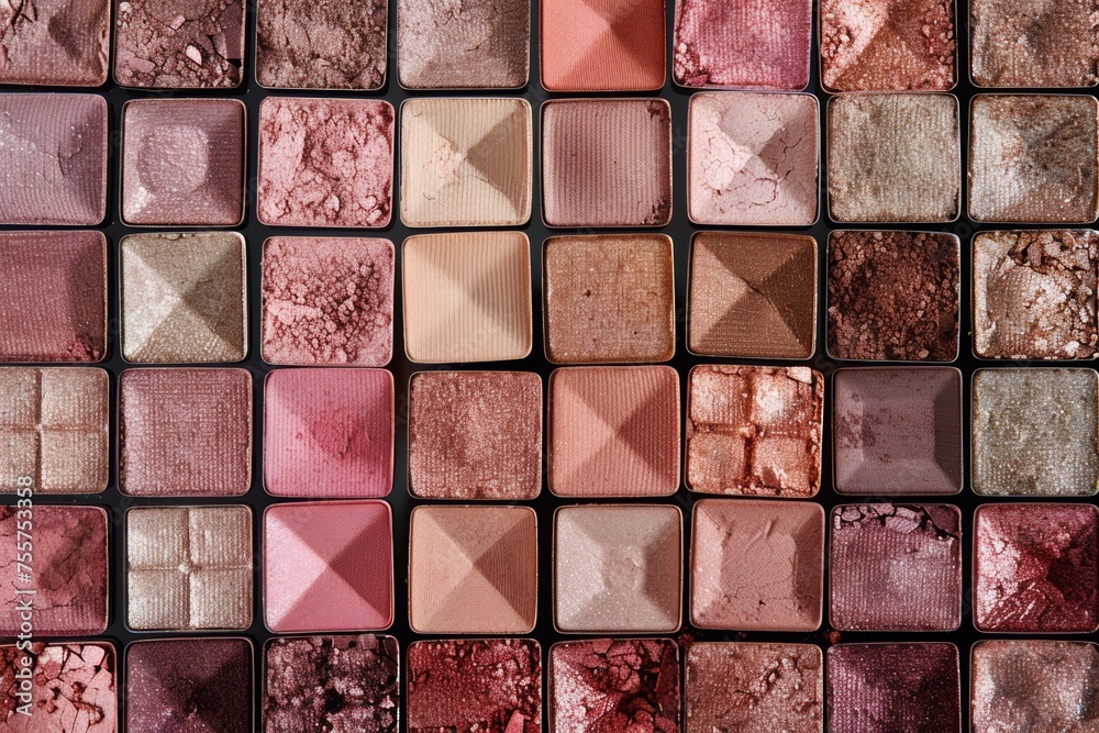 Elegant background with a mosaic of square eye shadow palettes in soft pastel shades, perfect for makeup themes. A top view of a pattern made from different shades and shapes of pink, brown eye shadow Elegant background with a mosaic of square eye shadow palettes in soft pastel shades, perfect for makeup themes. A top view of a pattern made from different shades and shapes of pink, brown eye shadow