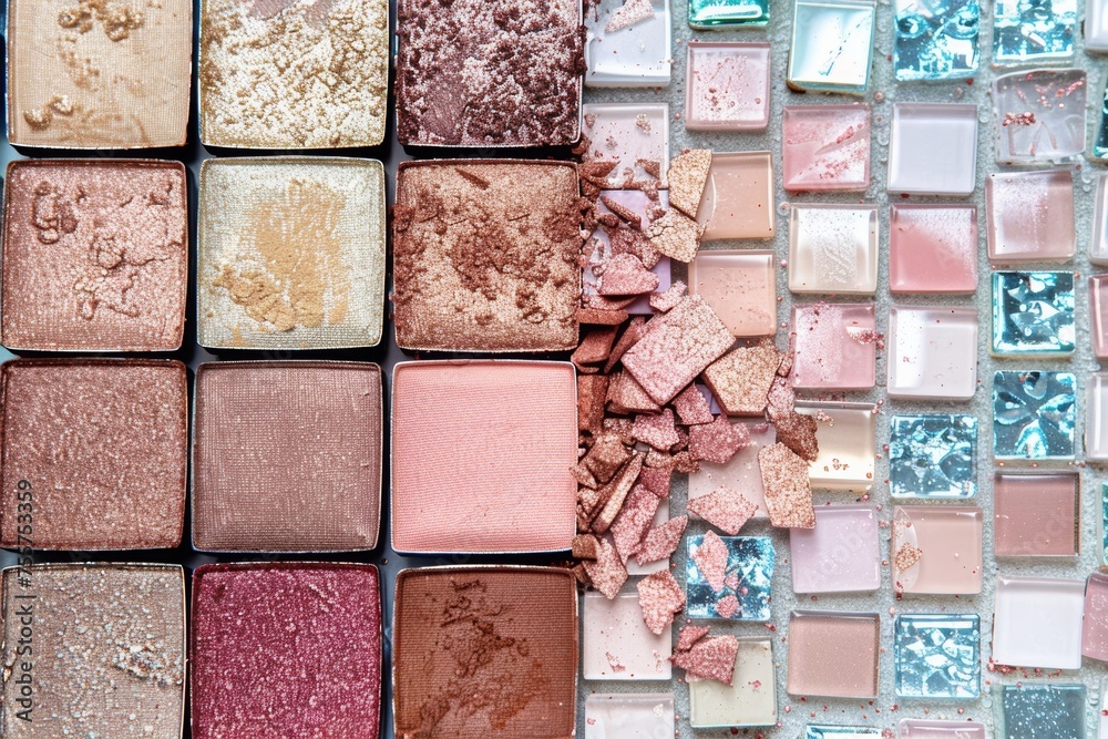 Elegant background with a mosaic of square eye shadow palettes in soft ...
