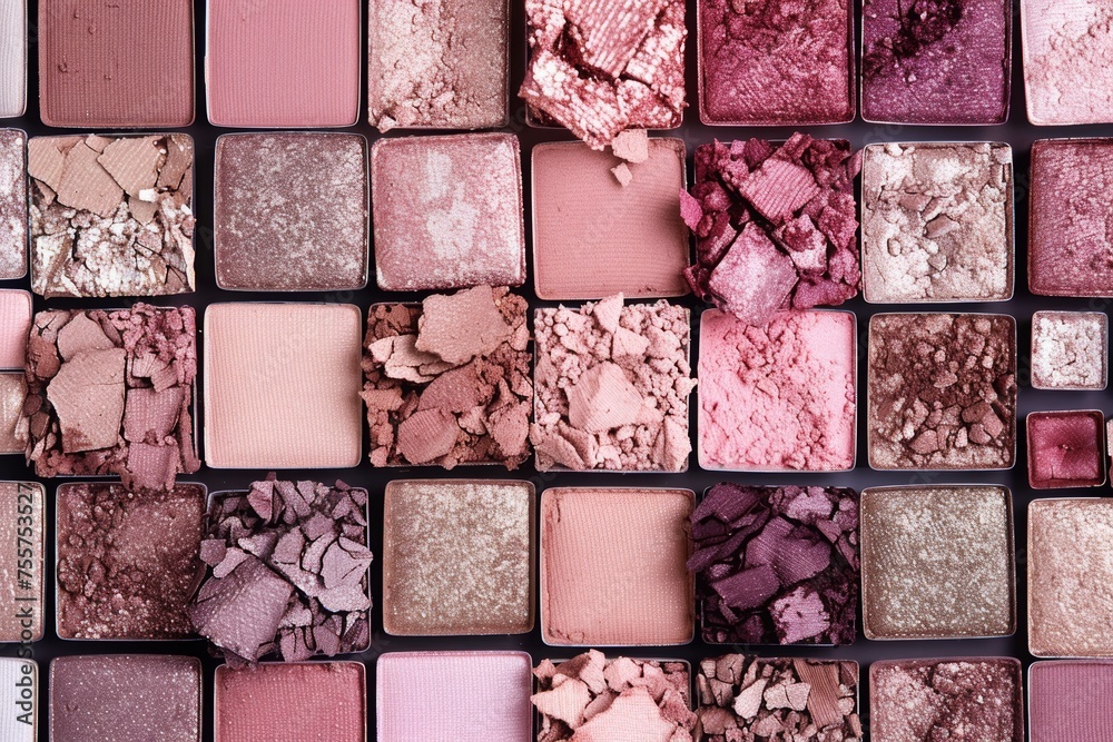 Elegant background with a mosaic of square eye shadow palettes in soft pastel shades, perfect for makeup themes. A top view of a pattern made from different shades and shapes of pink, brown eye shadow