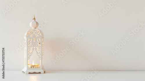 Celebratory white lantern on a clear background, Ramadan celebration background with lots of empty space