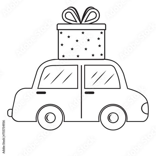 Car with a gift on the roof, black outline, doodle style, coloring