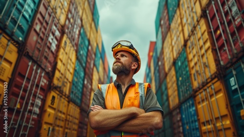 Professional Logistics Worker Among Shipping Containers in International Trade Hub