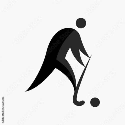 Vector icon of a running hockey player trying to score a goal. An athlete plays field hockey. Physically active sports. Flat icon, pictogram. Sports events and competitions.
