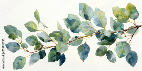 Watercolor painting of eucalyptus leaves on a branch with a white background, botanical illustration theme