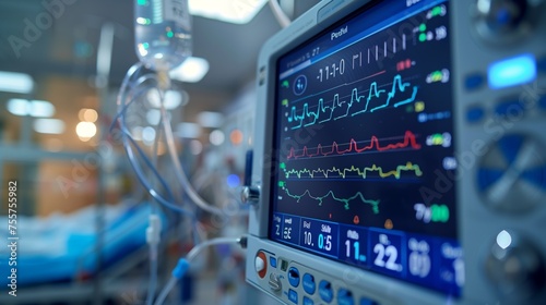 Patient Monitor Display. Close-up view of a high-tech patient monitoring system displaying critical vital signs in a modern hospital setting.