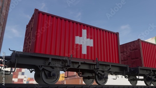 Containers with the flag of Switzerland. Railway transportation. 3d illustration