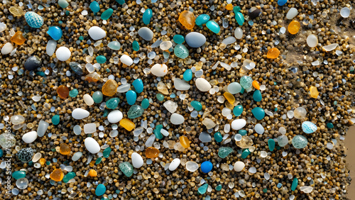 Closeup to sea ocean beach sand with micro plastics. Top view. Environment, pollution, plastic waste concept. Perfect for Earth Day, World Environment Day, Anti-Plastic Pollution Campaign.