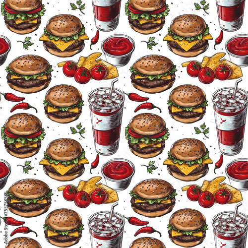 Seamless pattern fast food vector style hamburgers