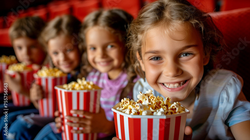 Group of children sitting in a movie at the theater and smiling while eating popcorn