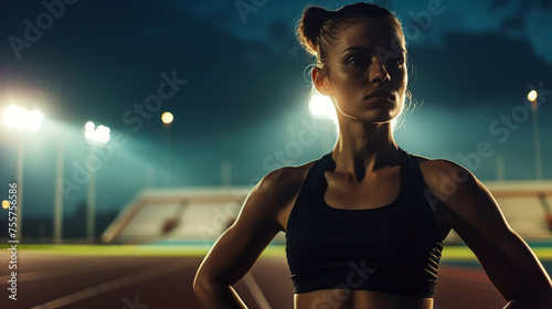 Elegant athlete stands under stadium lights at night a blend of beauty and resilience in her stance photo