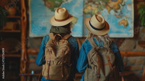 Travelers with Backpacks Looking at Map. Two travelers with straw hats and backpacks contemplating a world map for their next destination.