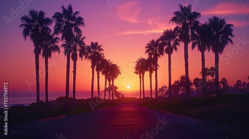 Silhouetted Palm Trees at Sunset by the Beach. Vibrant sunset sky silhouetting palm trees along a serene beachfront road, evoking a tranquil and picturesque end of the day.