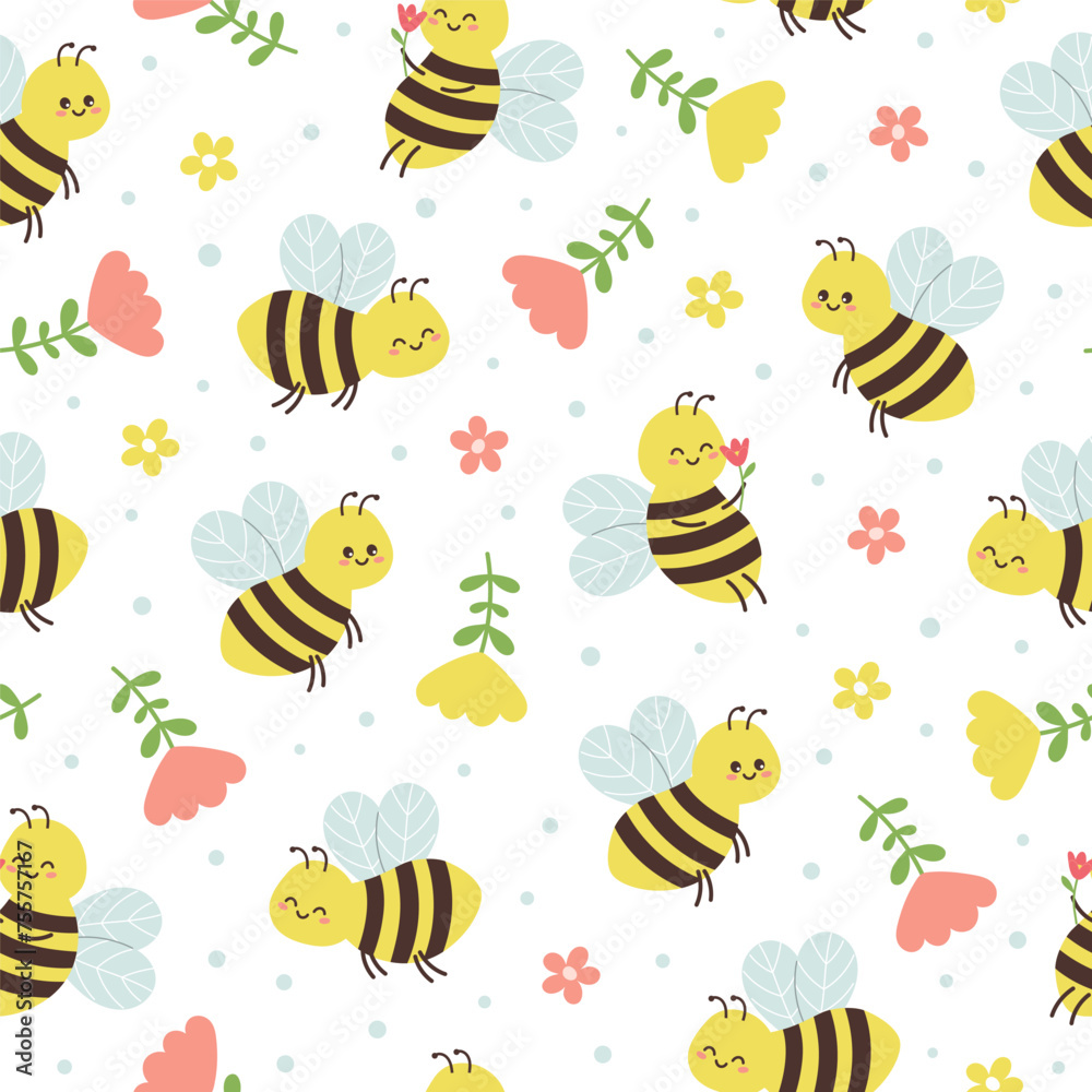 Seamless pattern of cute bees and flowers on white background. Template for postcard, card, print, wallpaper. Vector illustration