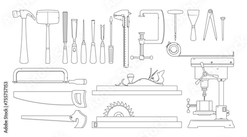 Carpenter Tools Isolated Vector Outline Icons Set. Hammers, Nails, Saw, Chisel, Measuring Tape, Spatula, Screwdriver photo