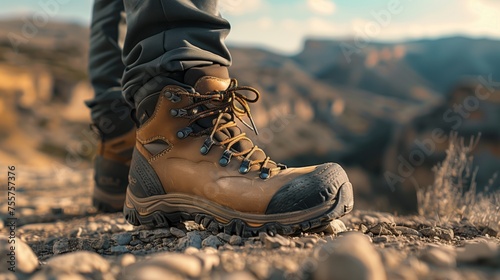 Hiking Boots on Rocky Mountain Trail. Close-up of rugged hiking boots on a rocky mountain trail, highlighting outdoor adventure and exploration.
