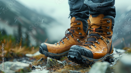 Durable Hiking Boots on a Rainy Mountain Trail. Waterproof hiking boots standing strong on a wet, rocky mountain path during a rain shower, embodying endurance.