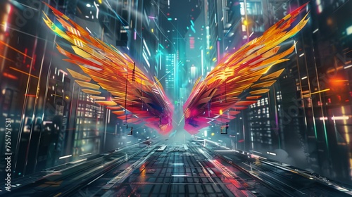 Fiery wings in neon cyber city illustration. Artistic depiction of burning wings in a digital metropolis. Colorful wings concept in a futuristic urban setting. photo