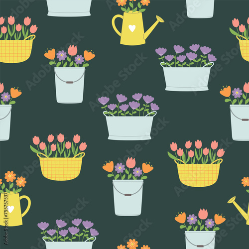 Seamless pattern with flowers in flowerbed, basket and bucket on dark emerald background. Template for cards, posters, postcards, prints, wallpaper, fabric. Vector illustration