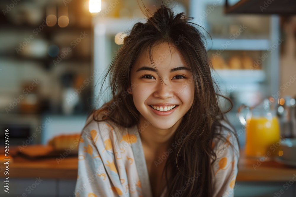 Joyful Young Woman Enjoying a Breakfast Feast. An attractive young woman with a warm smile enjoying a lavish breakfast spread in a bright, cozy setting. Joyful Young Woman Enjoying a Breakfast Feast. An attractive young woman with a warm smile enjoying a lavish breakfast spread in a bright, cozy setting.