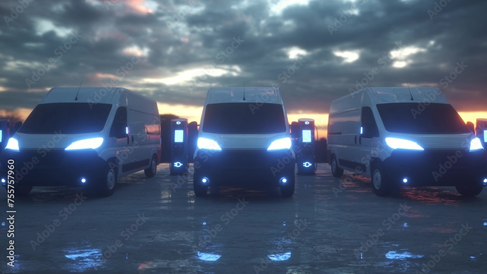 Electric car charging. Modern electric delivery van is charged at the charging station. 3d illustration Electric car charging. Modern electric delivery van is charged at the charging station. 3d illustration
